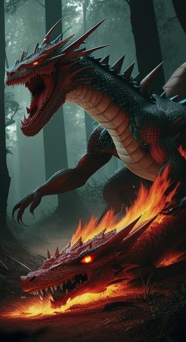 Hyperrealistic Dragon Breathing Fire on Burning Car