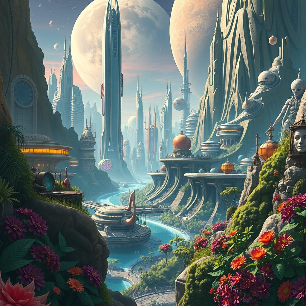 Futuristic Alien City with Lush Flora