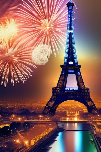 Paris Fireworks Display in Hyperrealistic Style