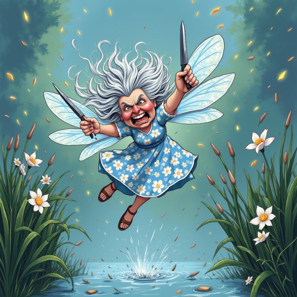 <lora:Angry Meemaw:1.0>  gingham print Magical Dragonfly: "An ethereal dragonfly with shimmering blue and white gingham-...