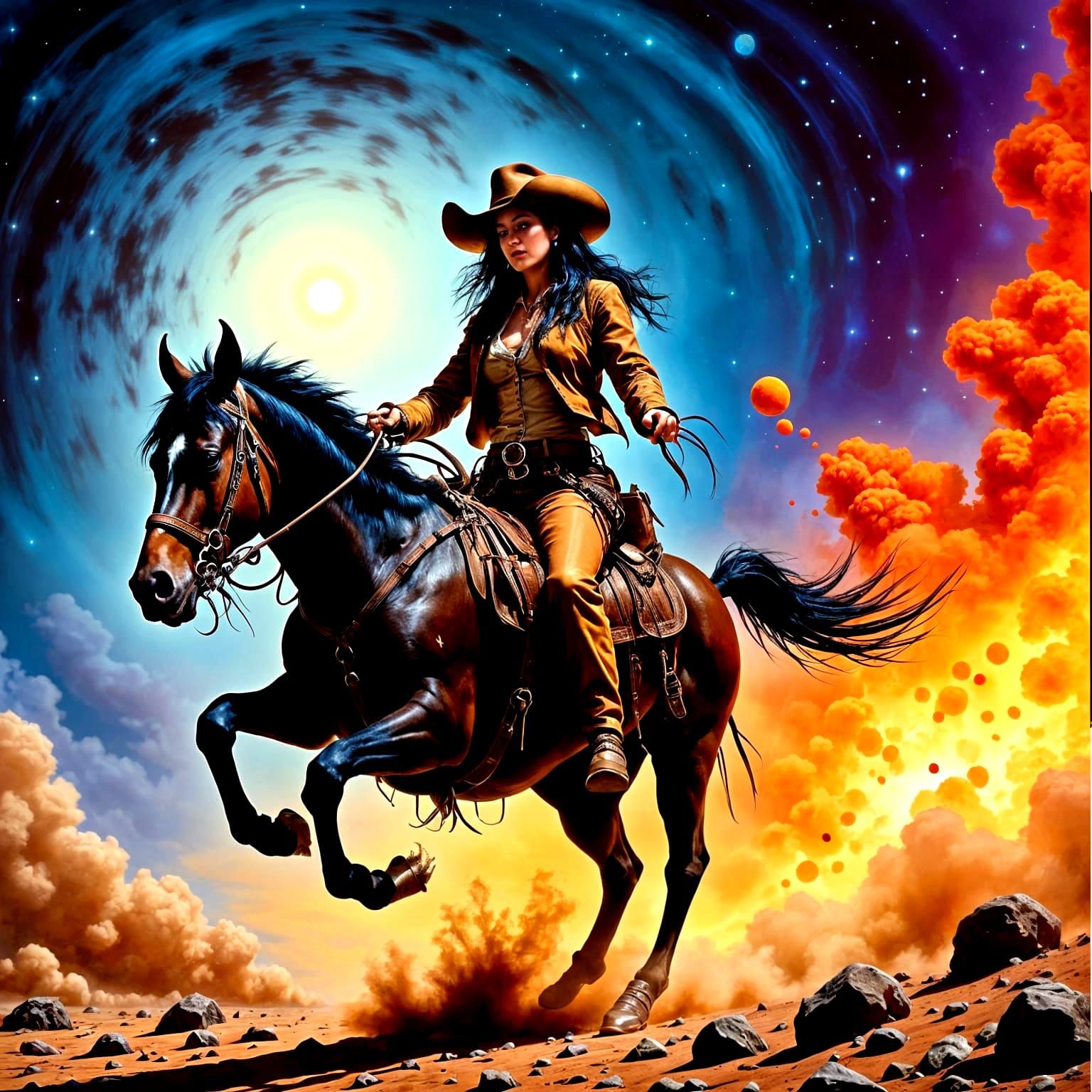 Cowgirl Rides Comet in the Cosmos