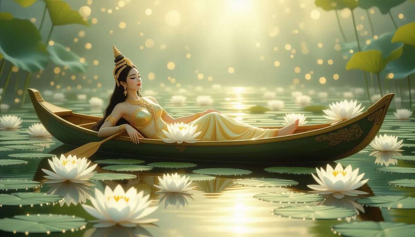 Thai Lotus Goddess in Canoe, Ethereal Fantasy Art