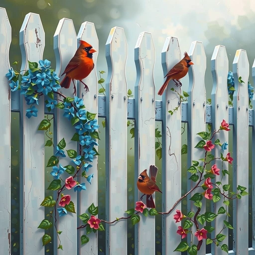 Cardinals Amongst Blooming Vines: Abstract Expressionism