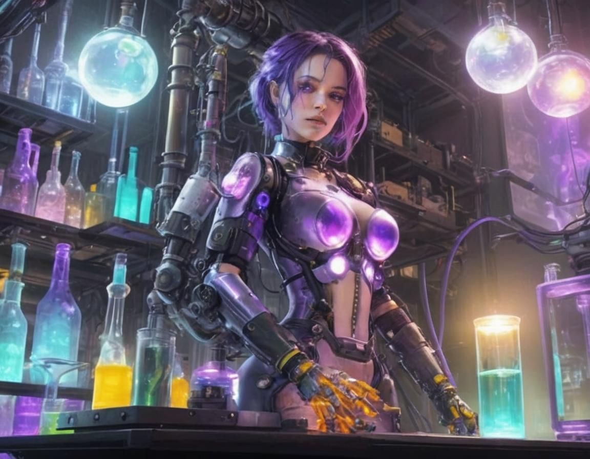 Cyberpunk Scientist with Violet Liquid Torso