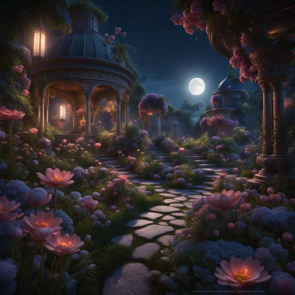 Mystical Midnight Flower Garden in Detailed Matte Painting