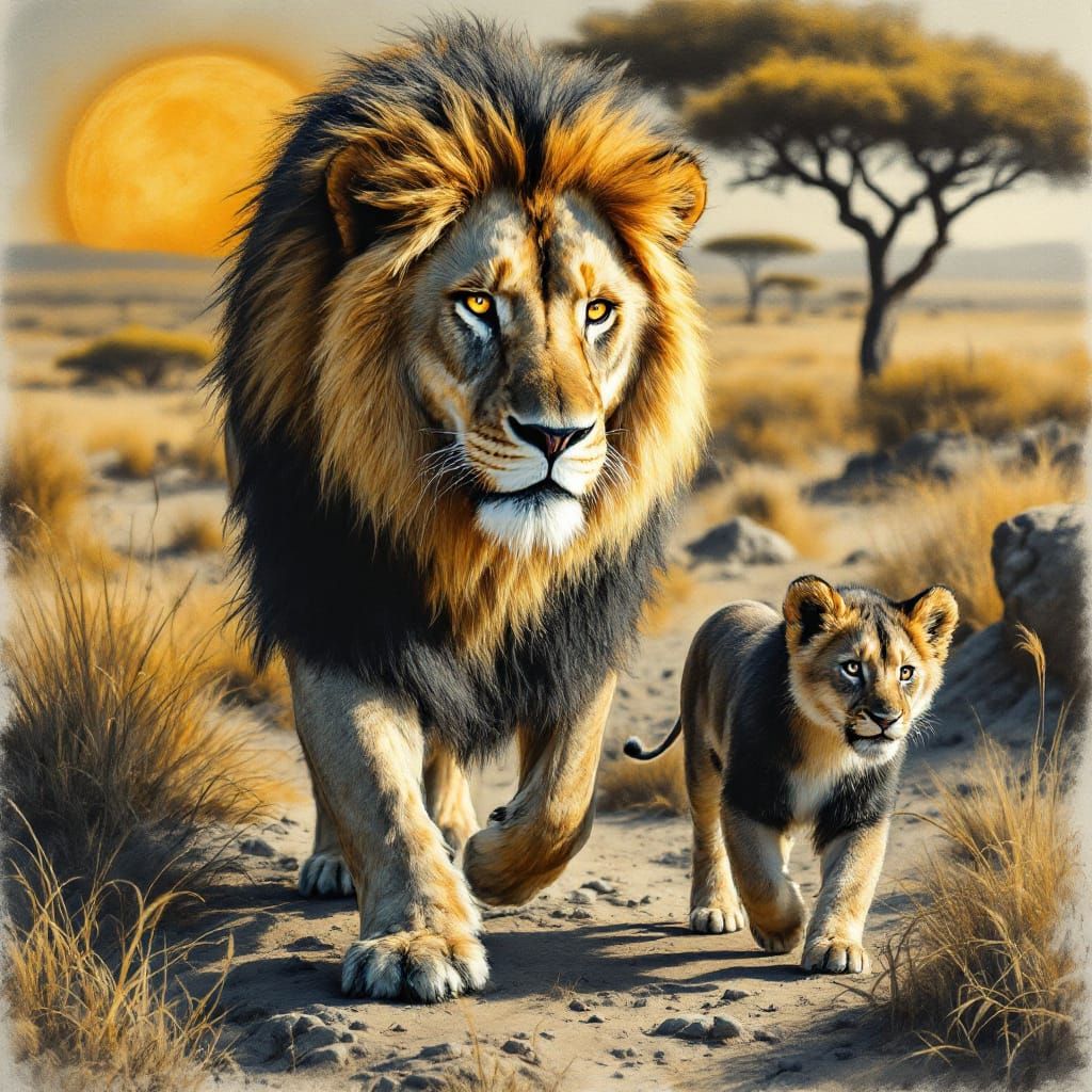 Majestic Lion and Cub Reflection in Charcoal Style