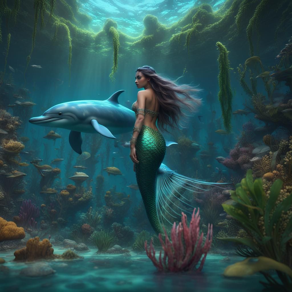 Mermaid and Dolphins in Tropical Lagoon