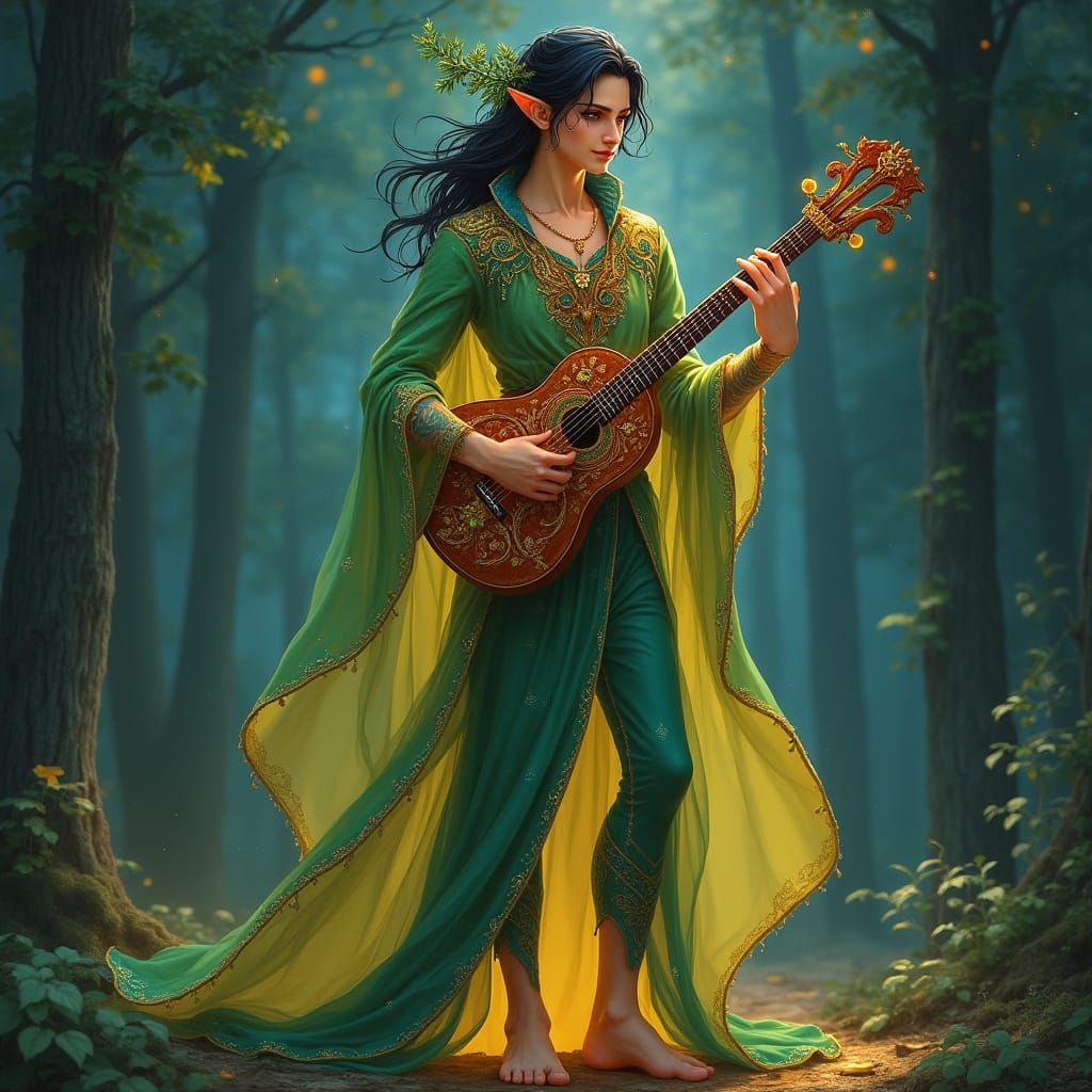 Majestic Elf Bard in Emerald Green and Sapphire Blue