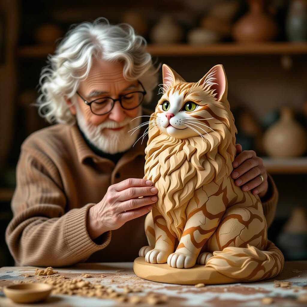 Terracotta Angora Cat Sculpture by Elderly Artist