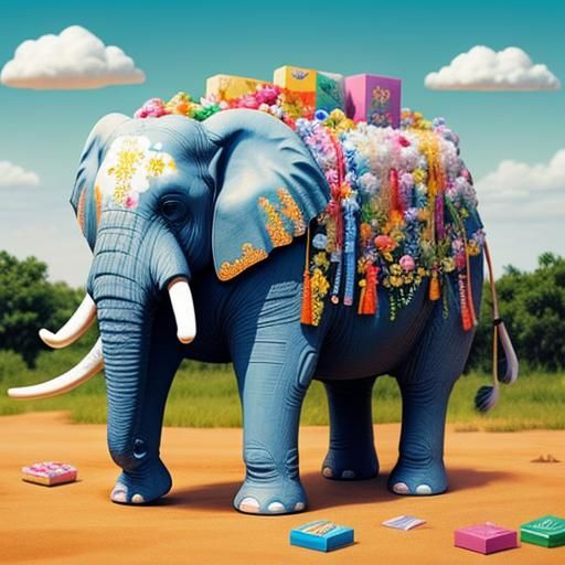 An ordinary joyful elephant with a raised trunk, as if creat...