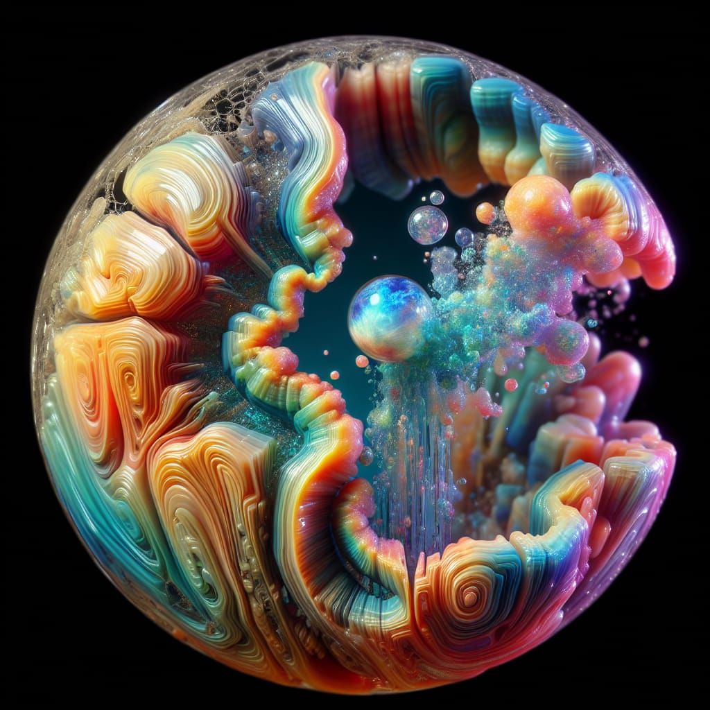 Iridescent Core Dissolving Inside Textured Bubble