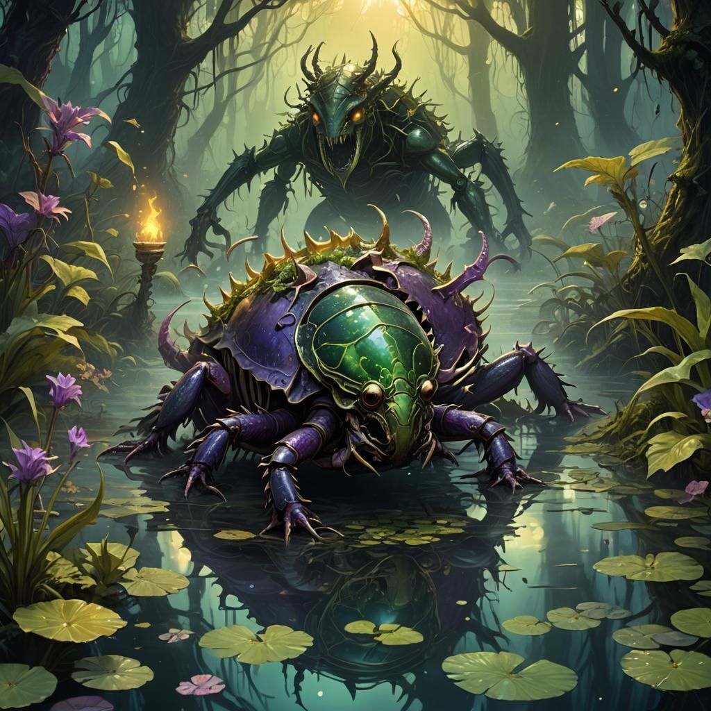 Dragon Beetle Swamp Creature in Dark Fantasy Art