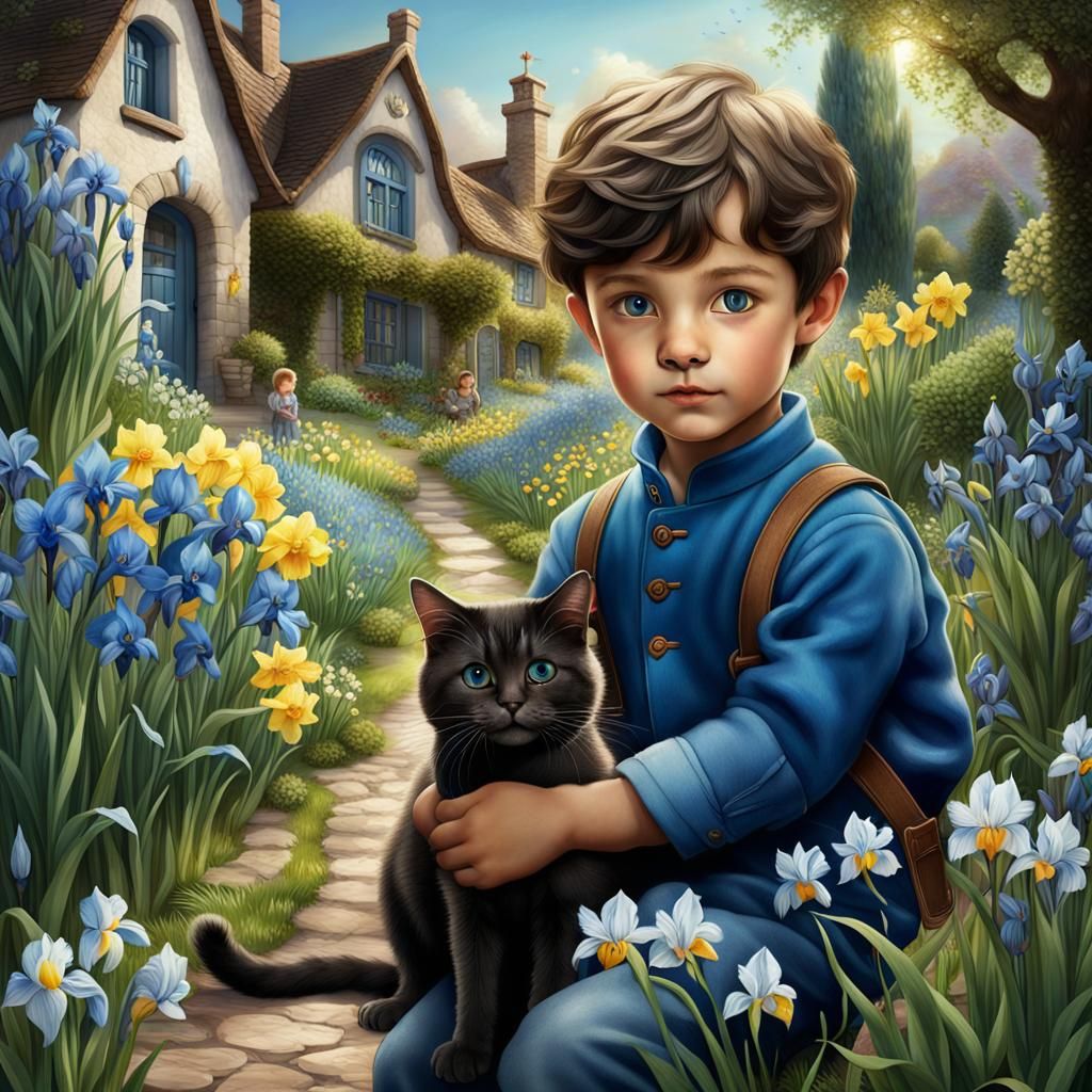 Boy and Cat Playing in a Flower Garden