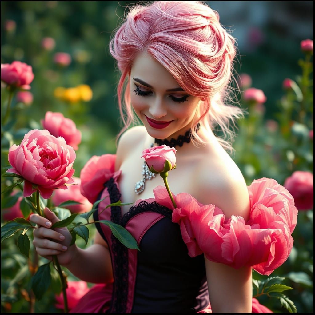 Gothic Ball Gown Queen Admires a Peony in a Dreamy Garden Sc...