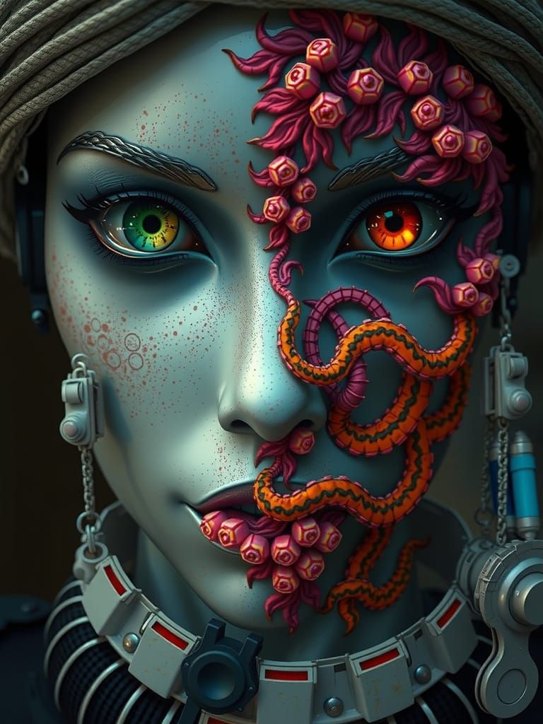 Beautiful Robot Face with Gothic and Sci-Fi Elements