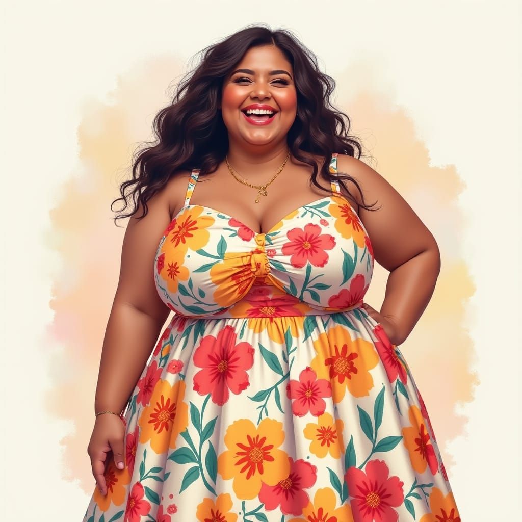 Whimsical Plus-Size Woman in Floral Sundress