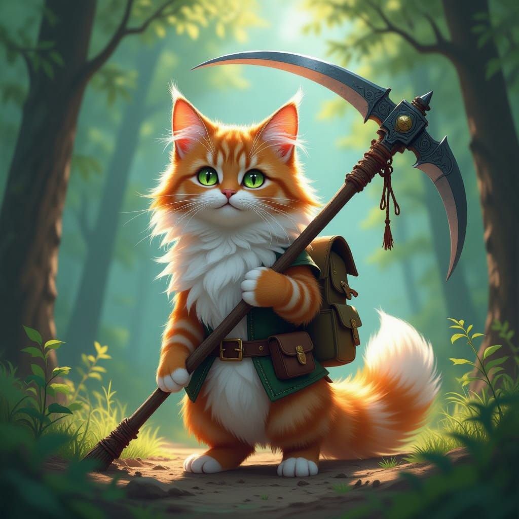 Fantasy Cat Creature with Scythe in Forest