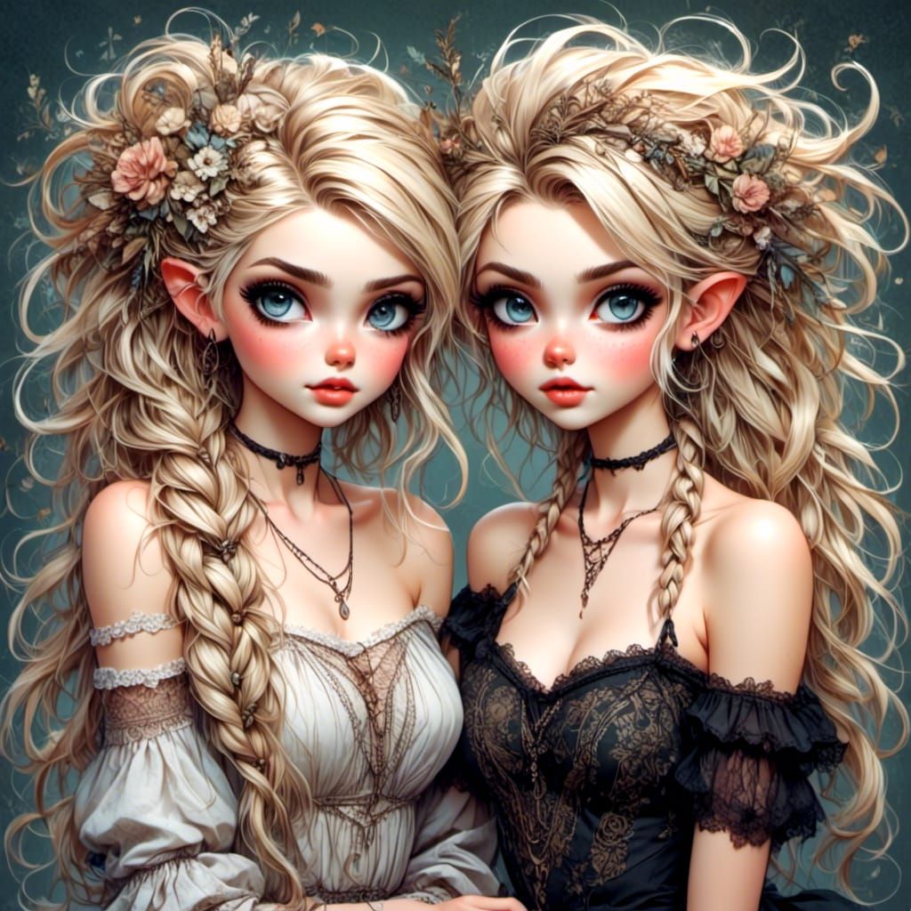 Blonde and Brunette Pixie Fae Sisters