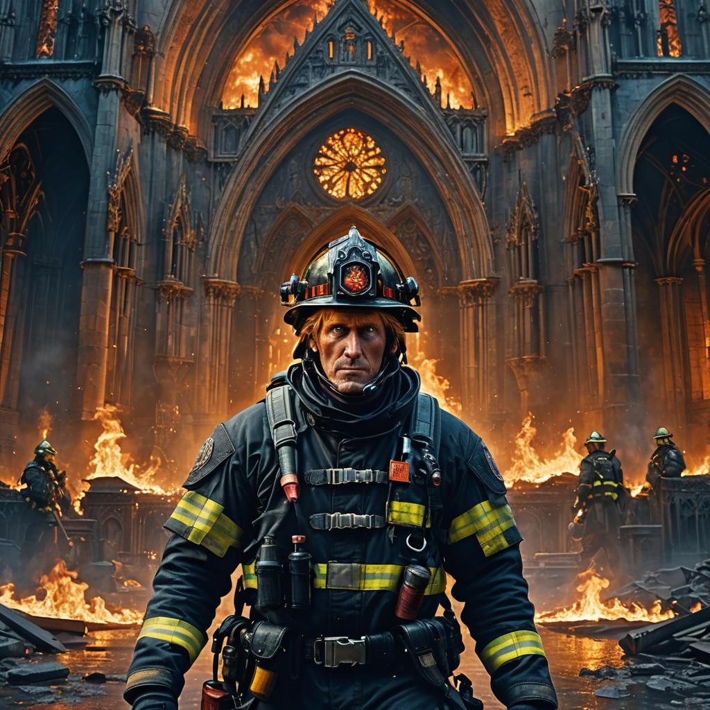 Firefighter in Front of Burning Cathedral: Digital Matte Pai...