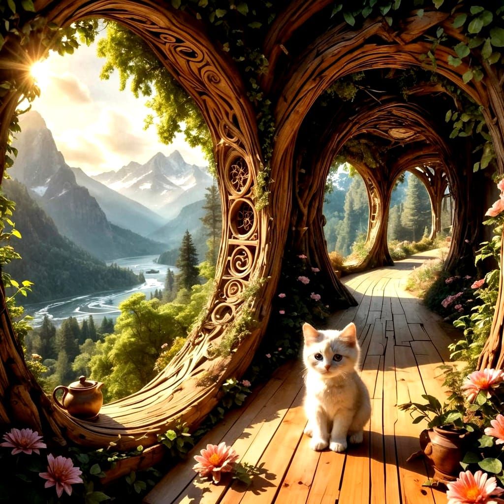 Cute Kitten in Enchanting Tree Branch Hallway