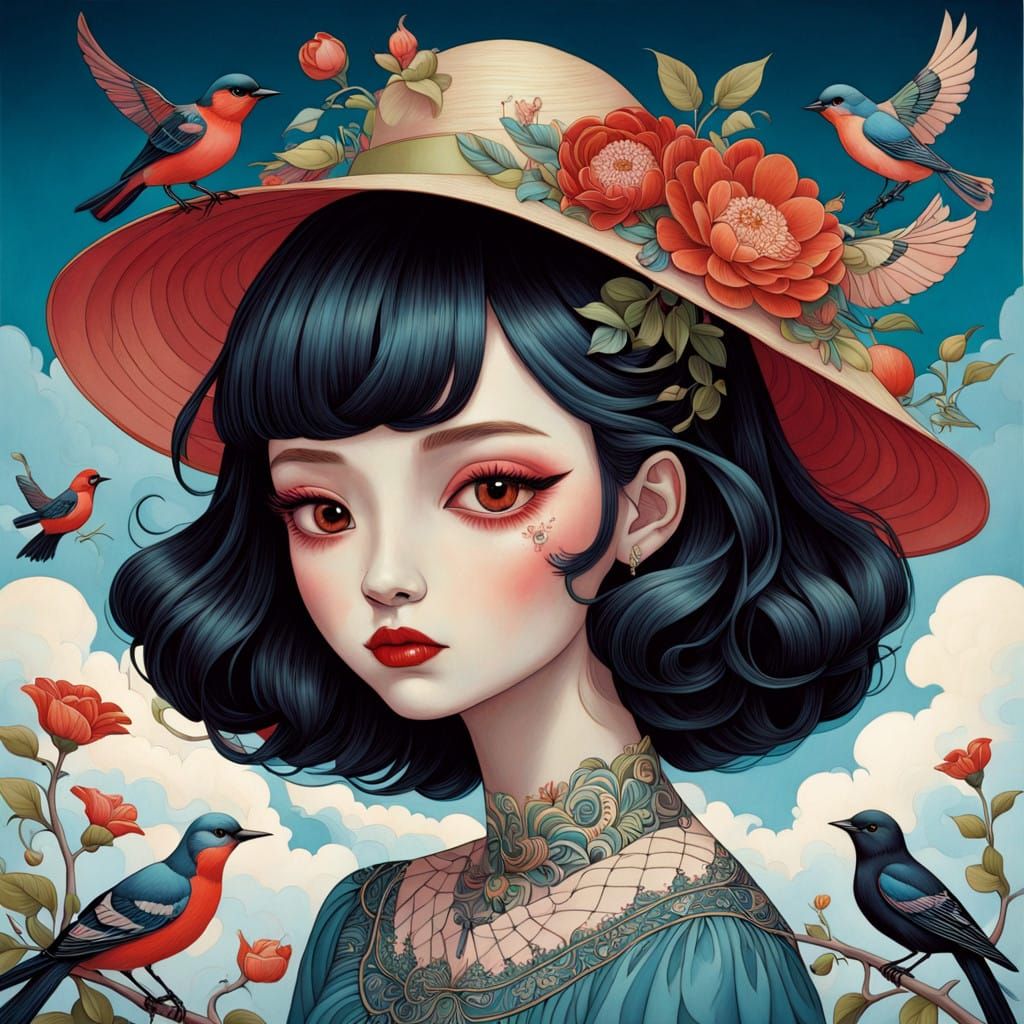 Surrealist Portrait of a Woman in Whimsical Landscape