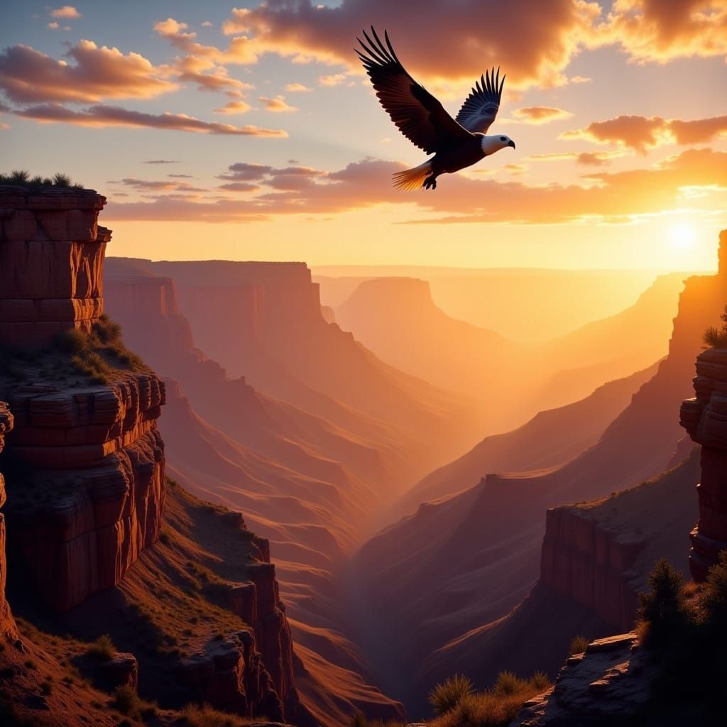 Grand Canyon Sunset with Eagle: Hyperreal Landscape