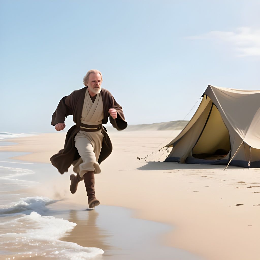 Obi-Wan Kenobi Running on Beach in Hyperrealistic Style
