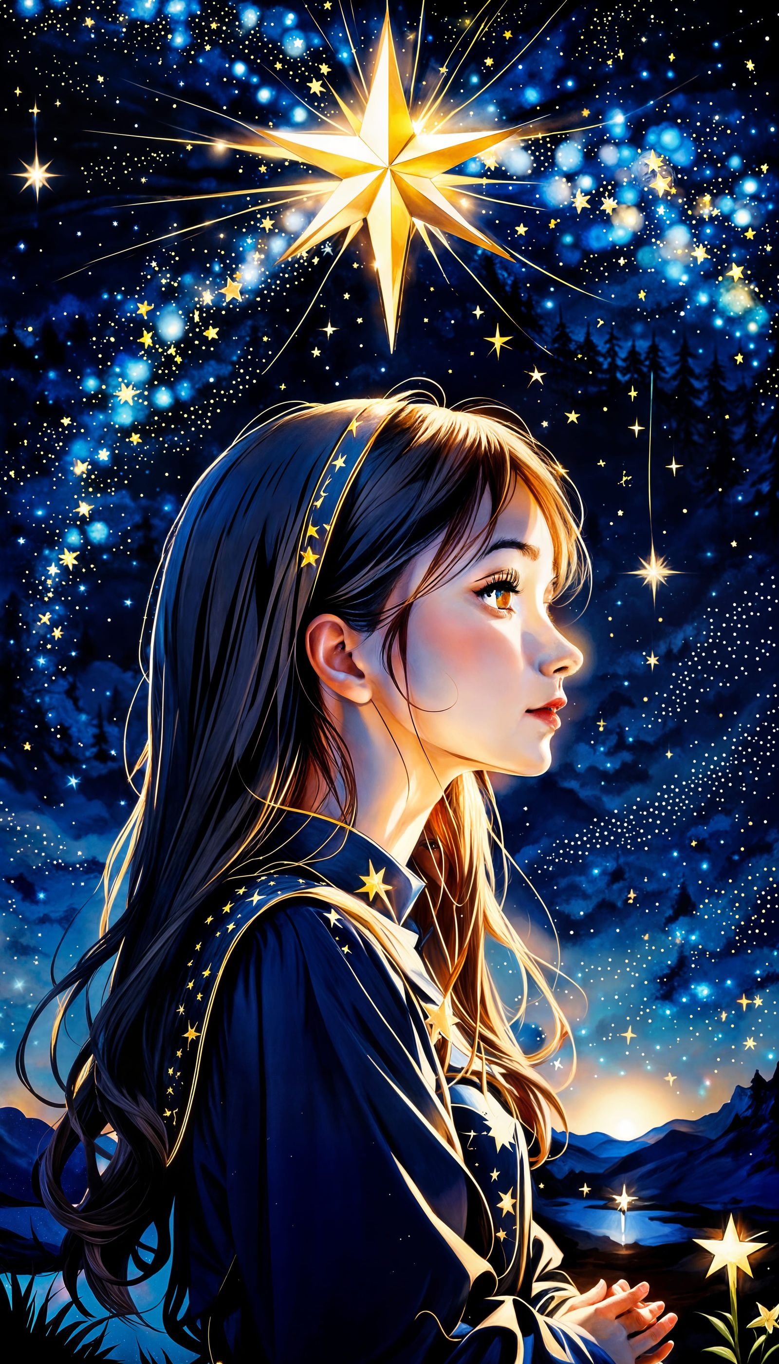 Girl Praying Under Starry Night Sky