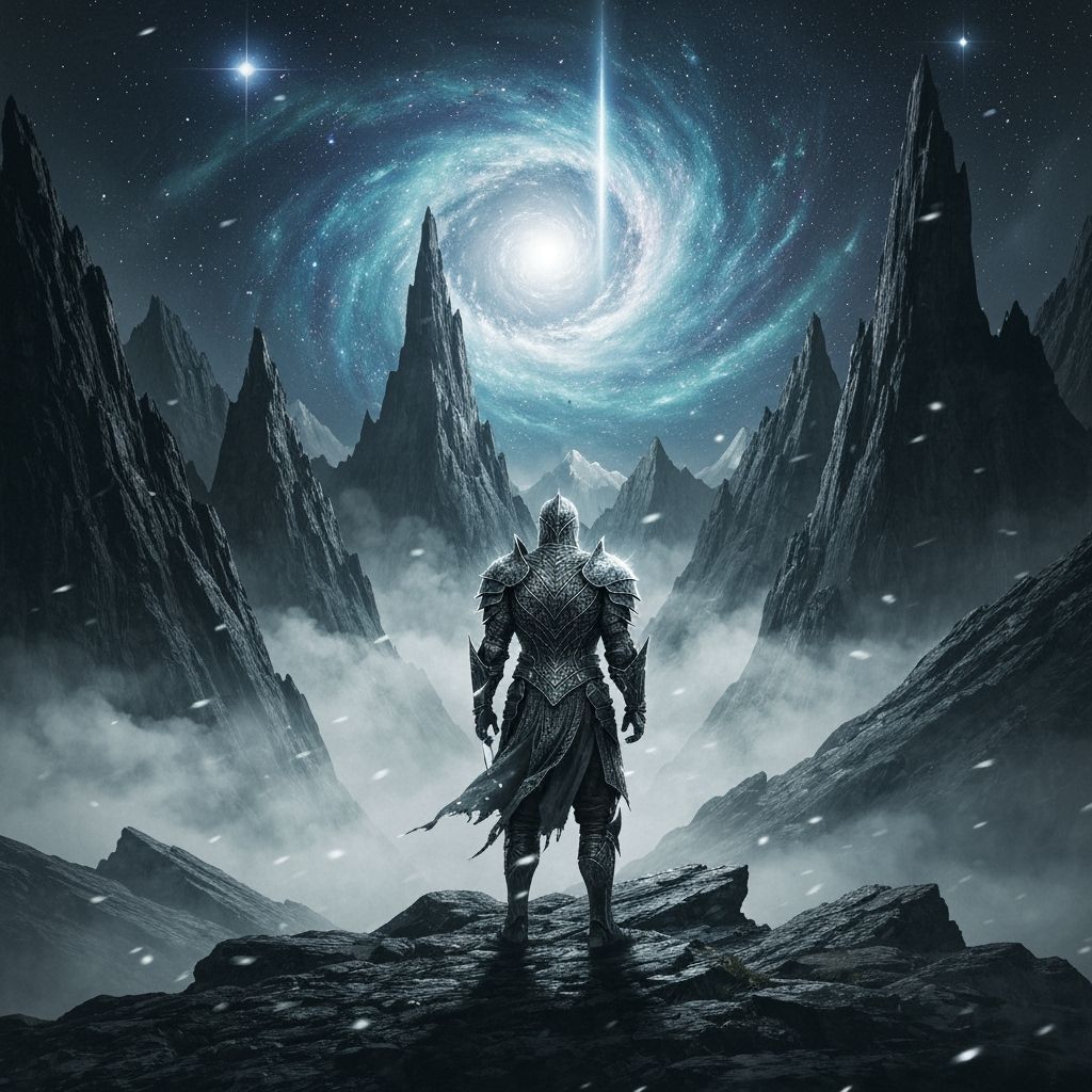 Knight in Shimmering Spider Silk Armor on Mountain Pass