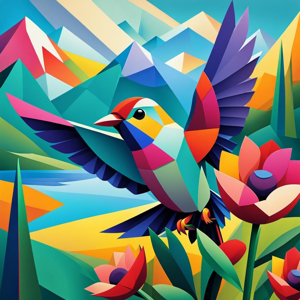 Cubist Hummingbird in Geometric Mountainscape
