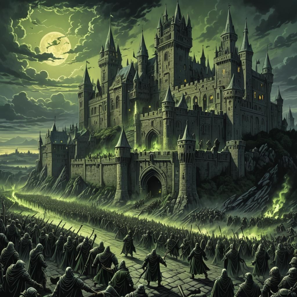 Medieval Zombies Attack Gothic Castle in Dark Fantasy Art