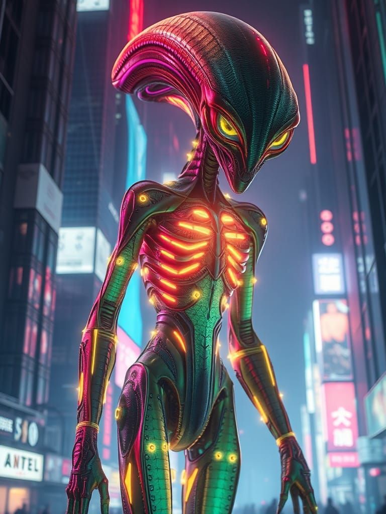 Bioluminescent Cybernetic Alien in Neon Megalopolis