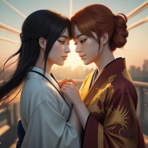 Fiery Phoenix Embrace: Vibrant 3D Anime Lovers