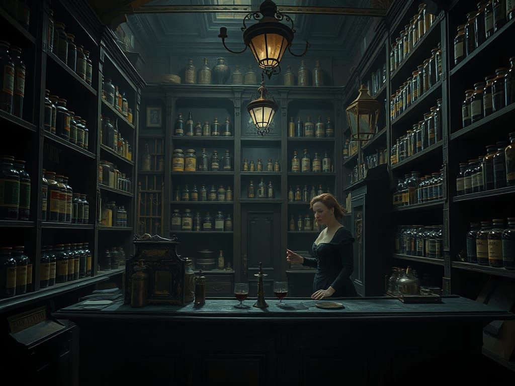 Gothic Apothecary Shop Interior in Grim Light