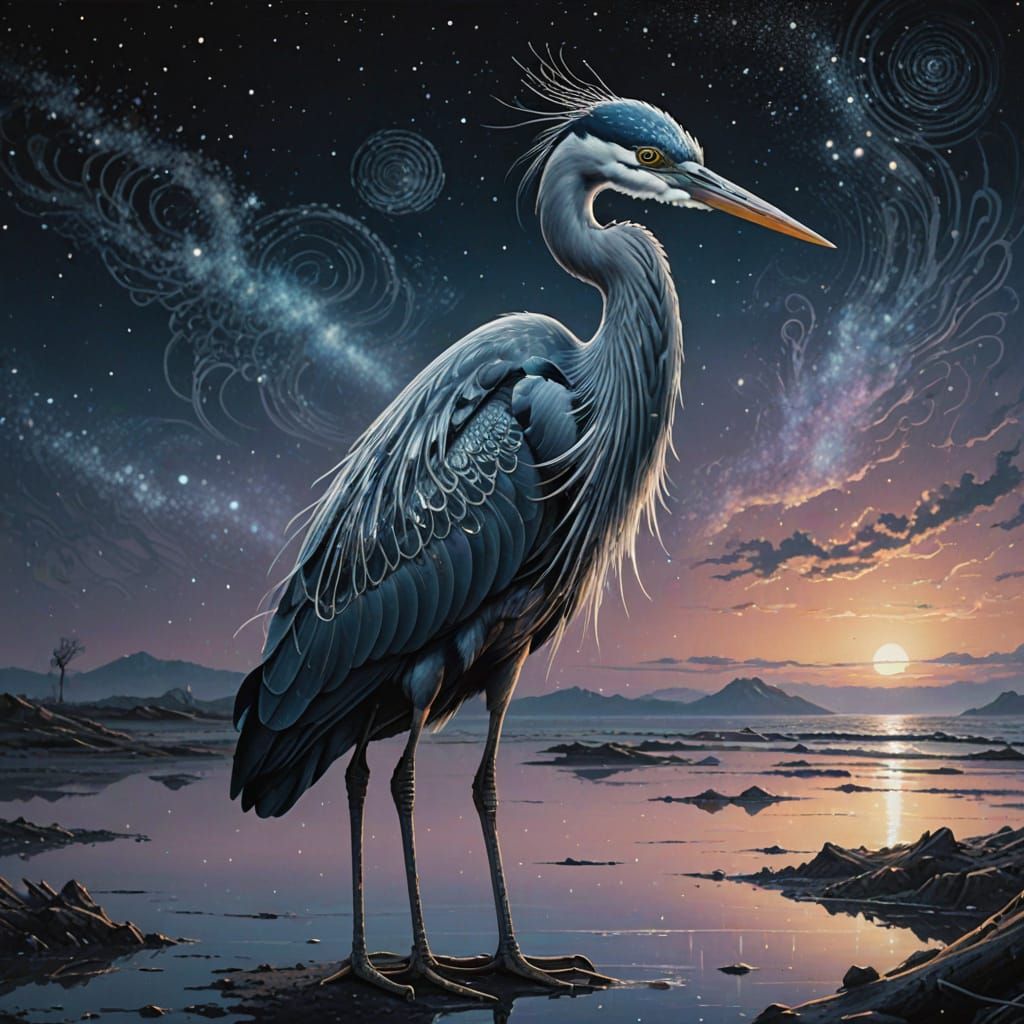Mechanical Heron on Starlit Shore in Painterly Style