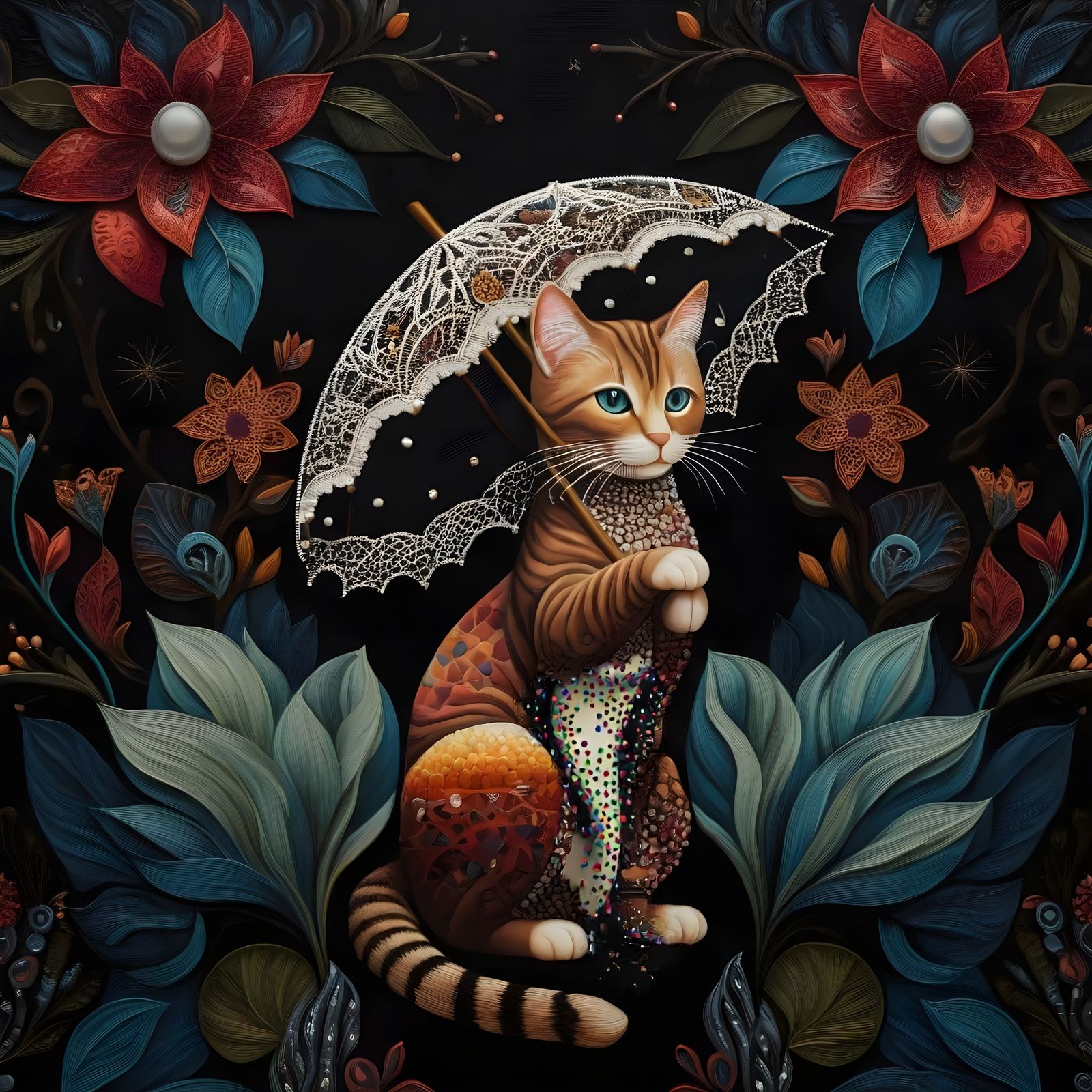 Cat with Umbrella in Aboriginal Dot Art Style