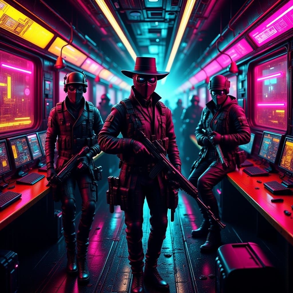 Cyberpunk Train Robbers in a Neon Cityscape
