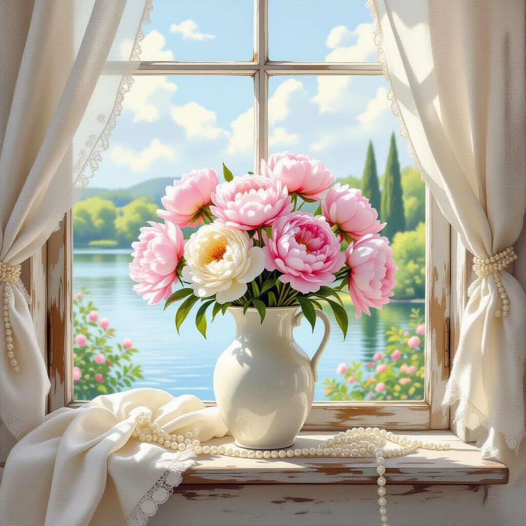 Shabby Chic Vase with Peonies and Roses