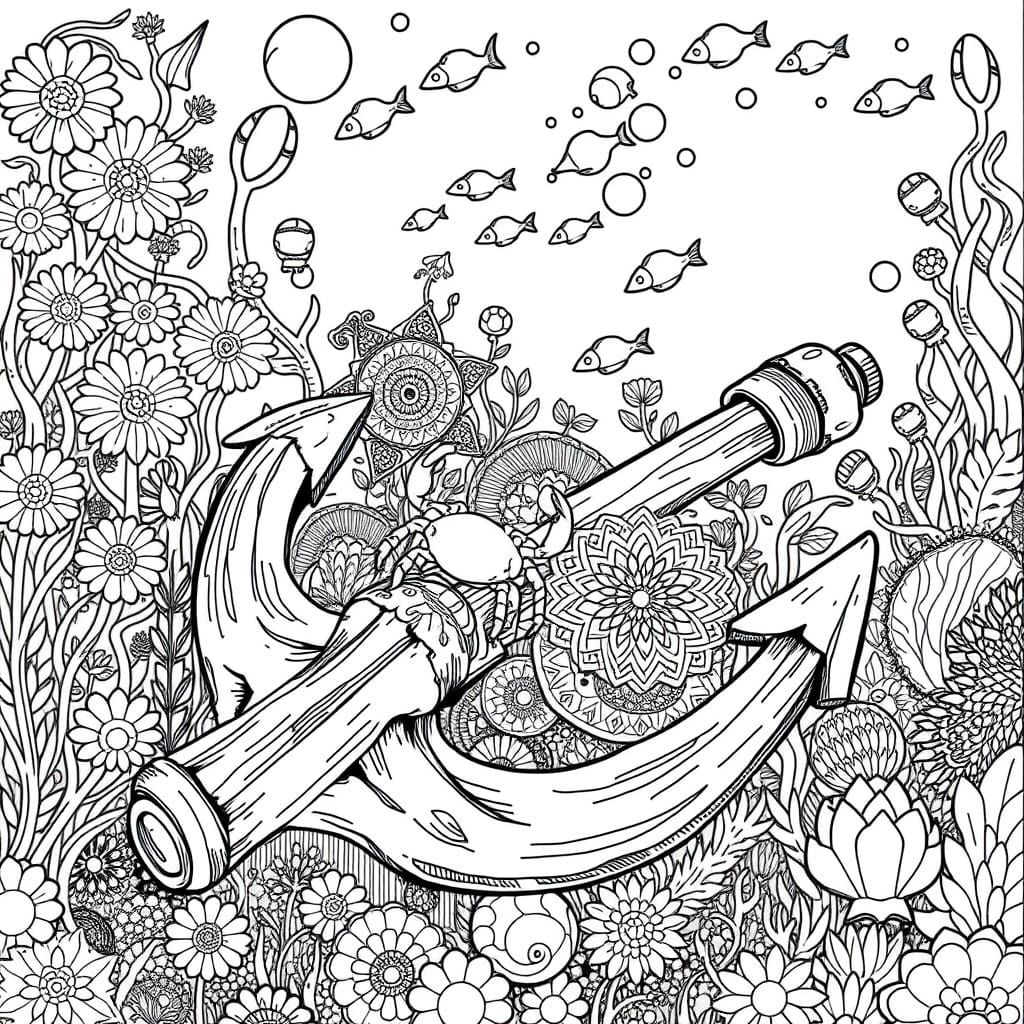 Underwater World in Black and White Line Drawing with Torn A...