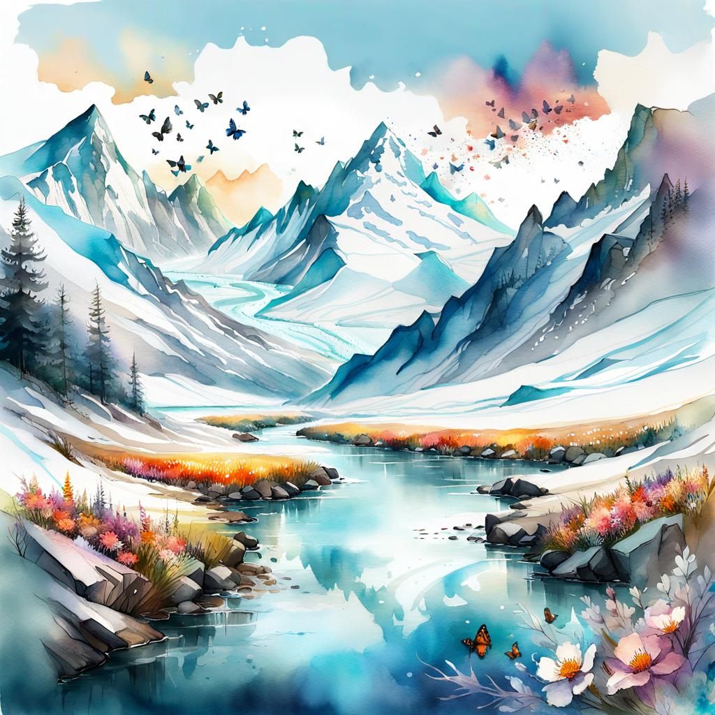 Glacial River in Spring: A Watercolor Fantasy