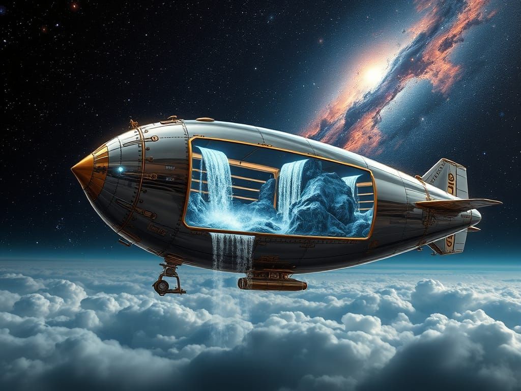 Steampunk Waterfall Airship Soaring Through Nebula