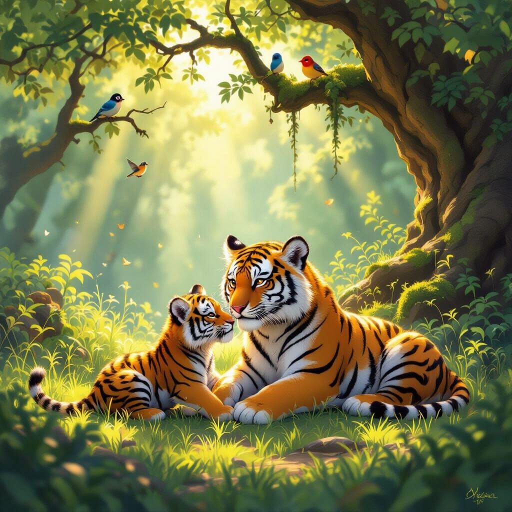 Tiger Family Play in Sunlit Forest Clearing