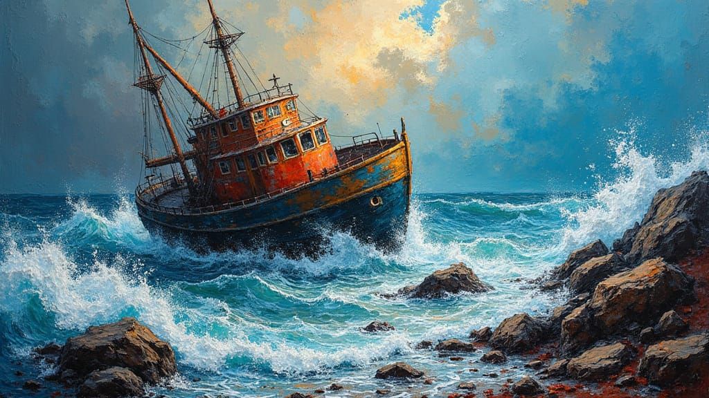 Shipwrecked Vessel Amidst Stormy Seas: Abstract Expressionis...
