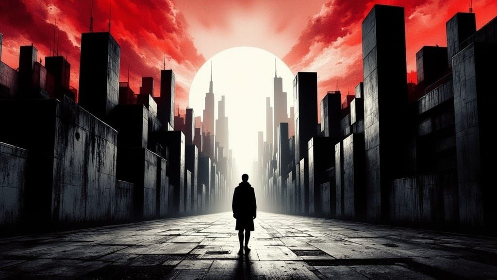 German Expressionist Cityscape with Abstract Figure