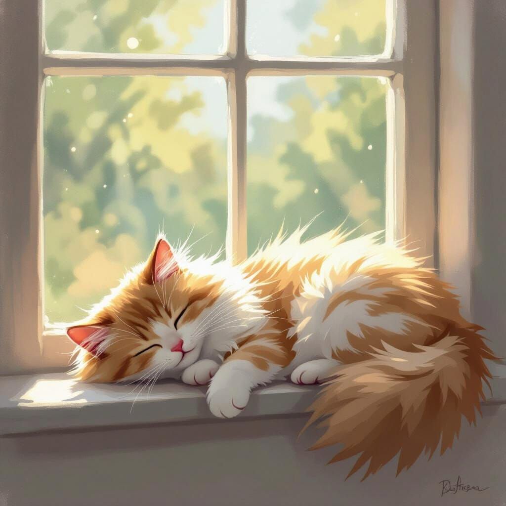 Fluffy Cat Sleeping in Sunlit Window, Pastel Style
