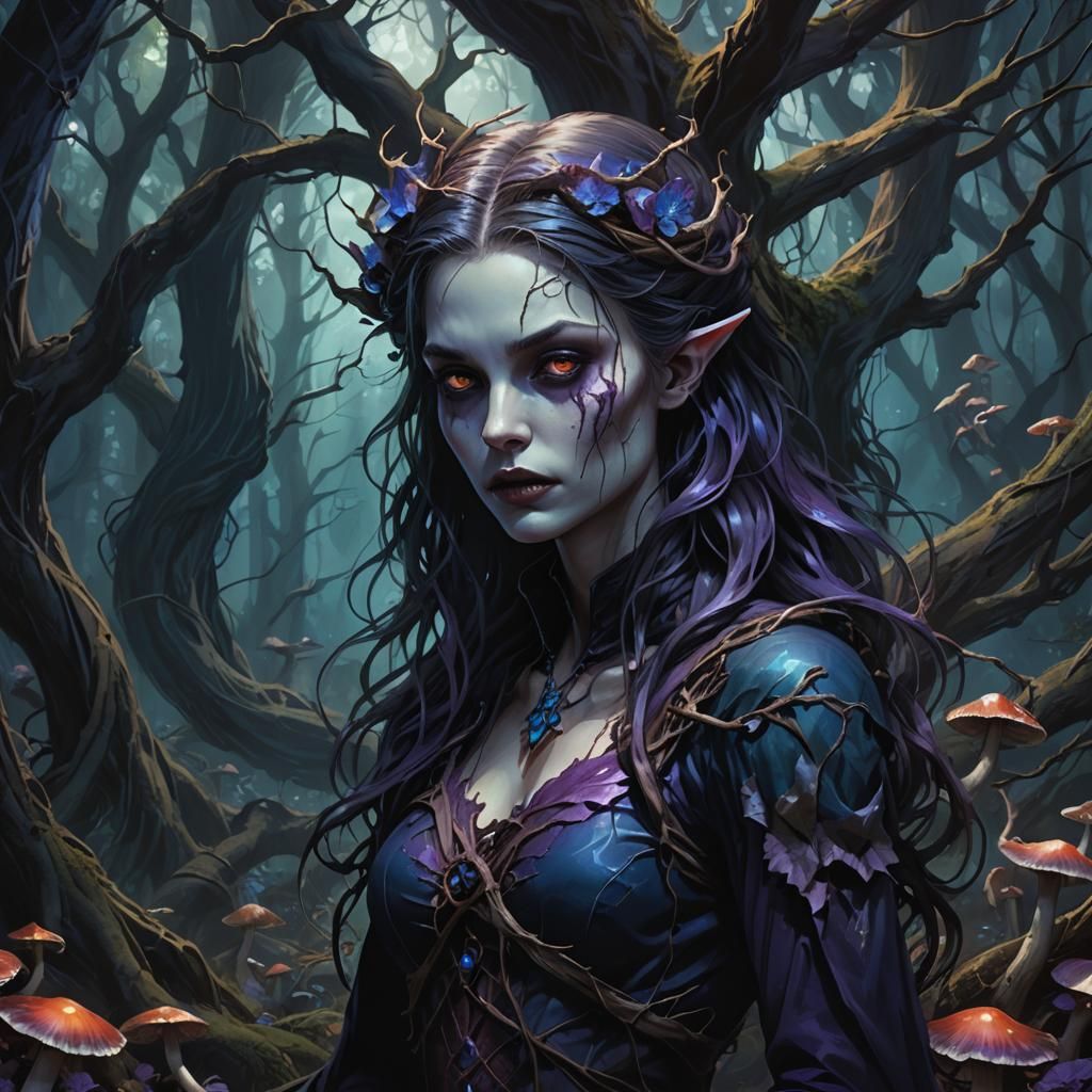 Mystical Vampire Woman in Gothic Fantasy Forest