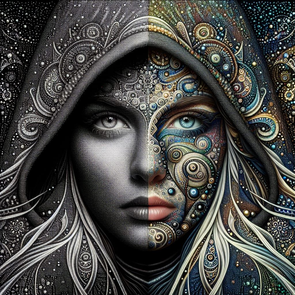 Surreal Portrait: Hooded Woman in Pointillism and Psychedeli...