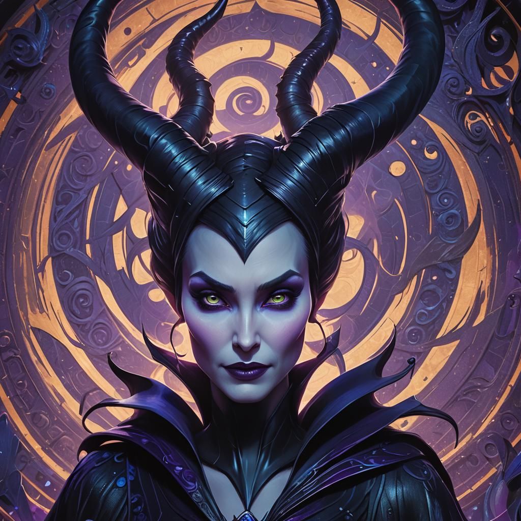 Maleficent Portrait with Dark Magic, Pixar-style Concept Art