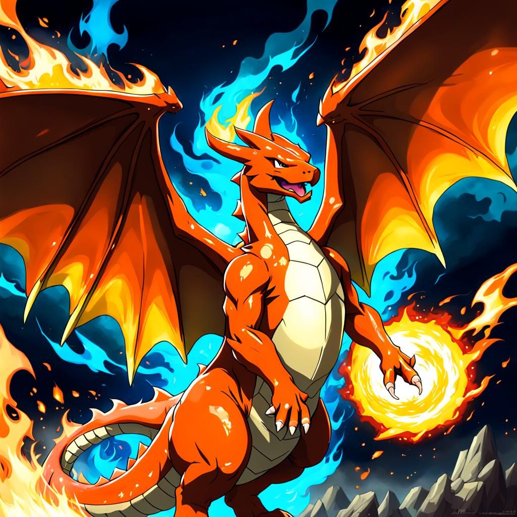 Charizard Breathing Fire in Anime Style