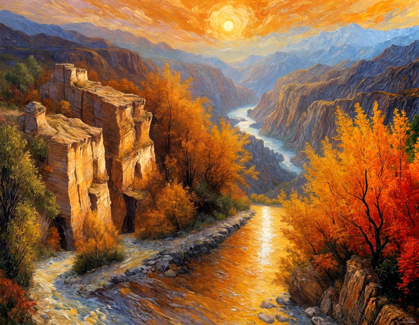 Impasto Canyon Sunset Reflecting Fiery Sky